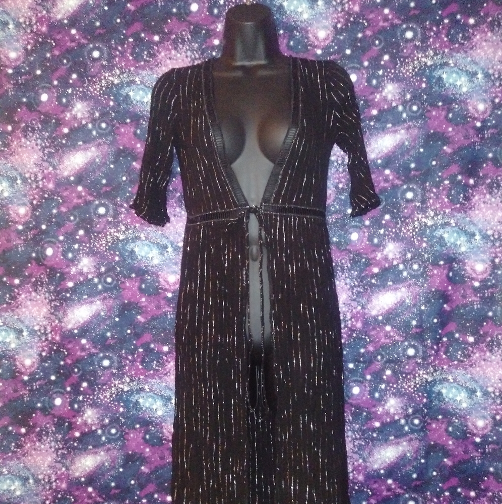 iHeartRaves Black Shimmering Kimono Classy Pinstriped Duster
